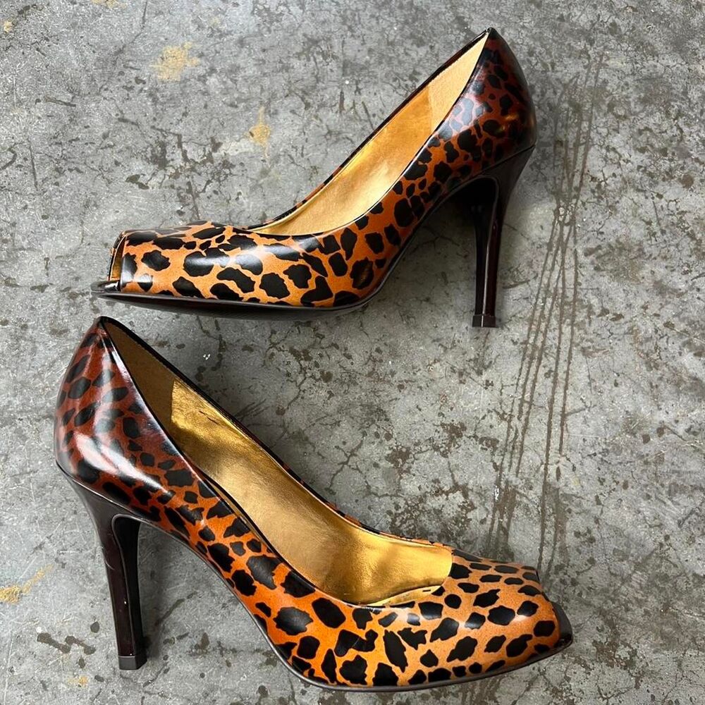 Gianni Bini Leopard Cheetah Print Peep Toe Pumps High Heels Gold Insole 6.5-7